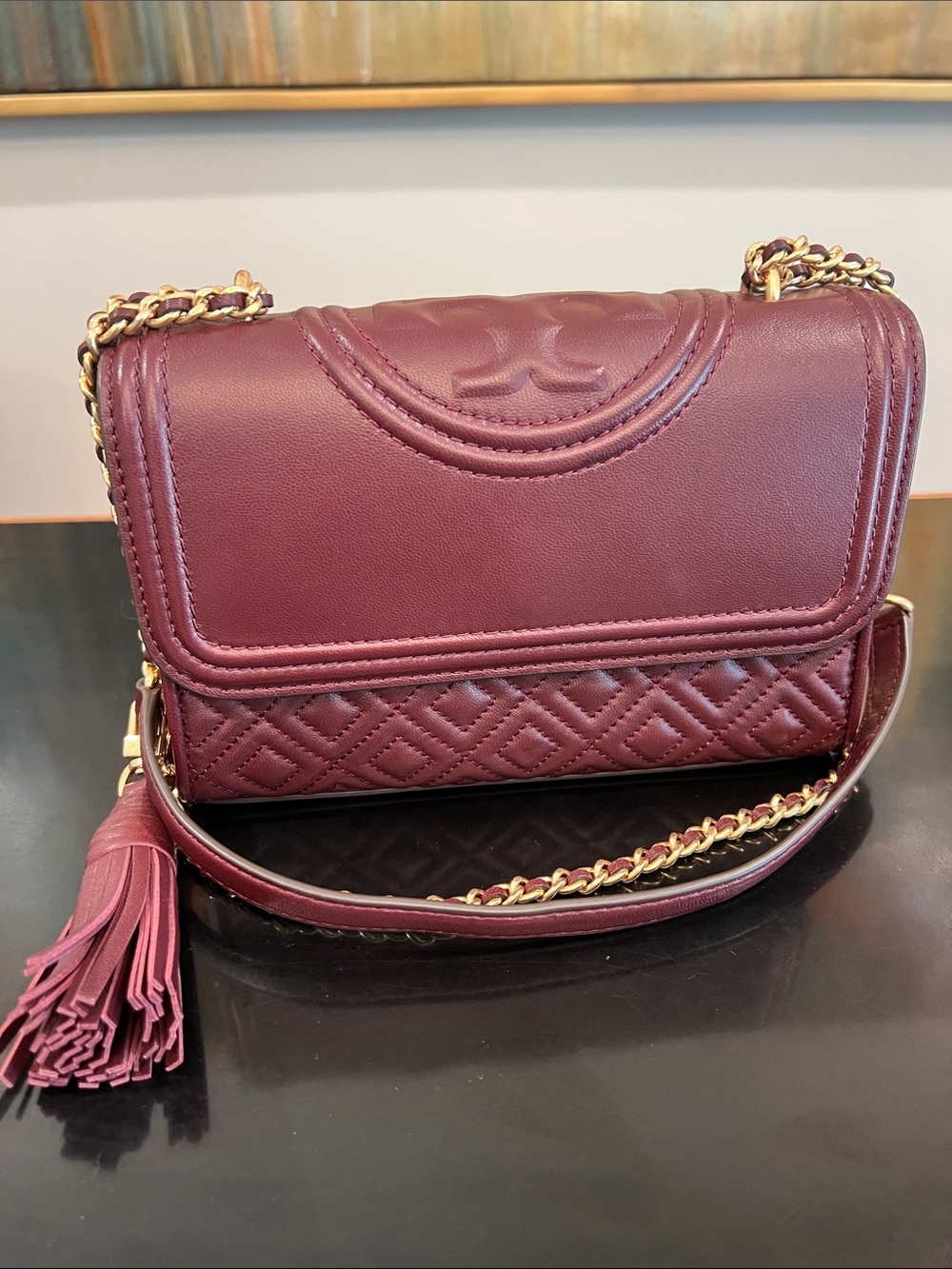 Tory Burch Wine Leather Shoulder Bag with Tassel